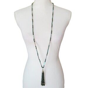Long Glass Beaded Necklace Knotted Electroplated Rectangular Beads & Faceted 42"